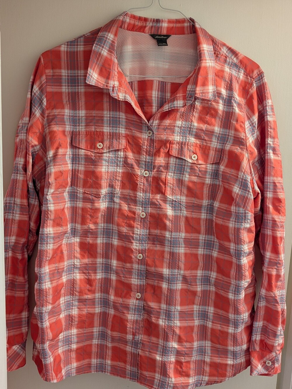 Eddie Bauer Women's Pink Plaid Button-Up Shirt. 2c
